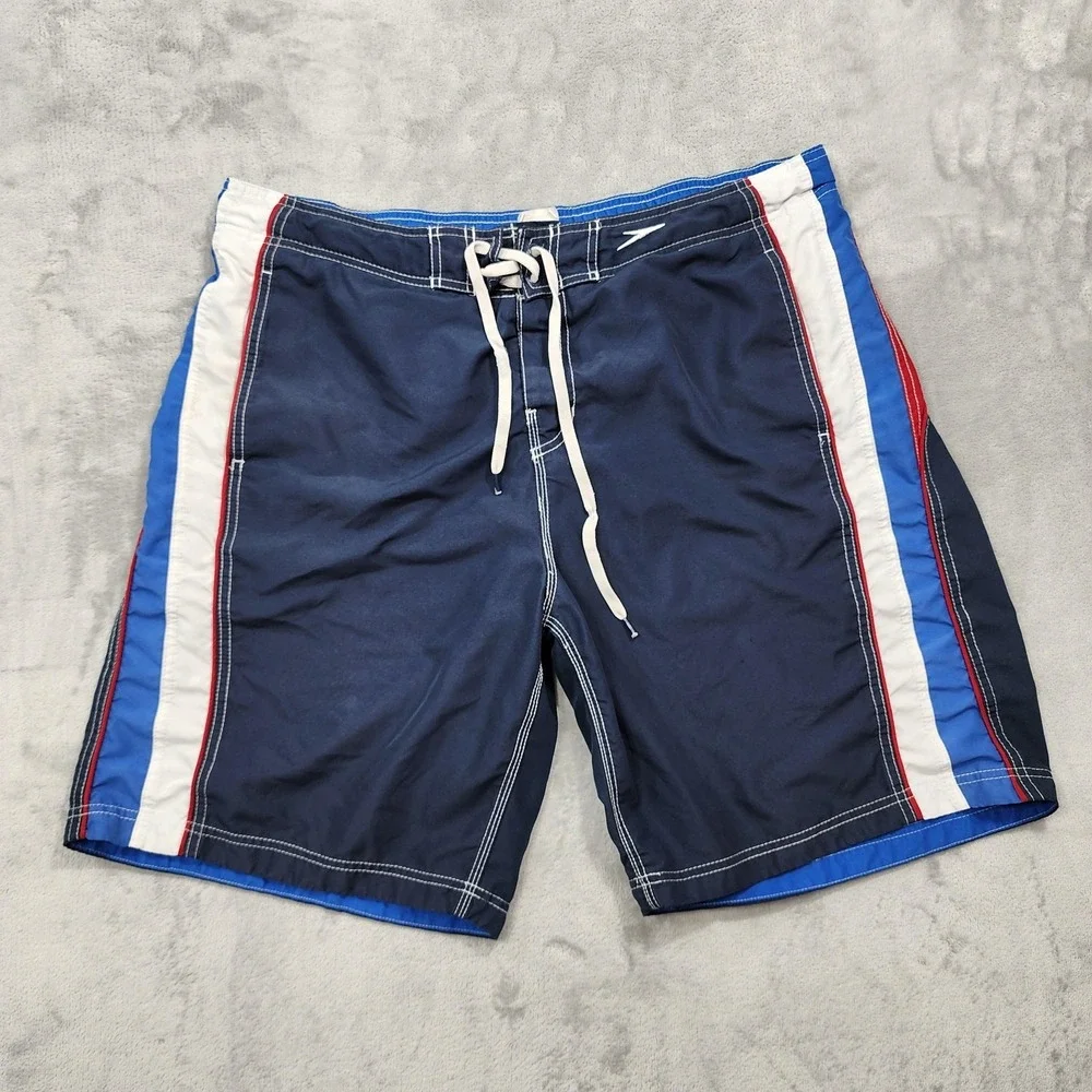 Speedo Board Shorts Mens XL Blue Side Stripe Illusion Floral Lined Beach Swim